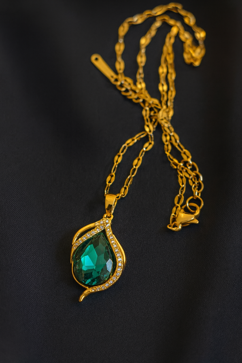 Green Light Teardrop Pendant — Gold-Tone Curve Setting