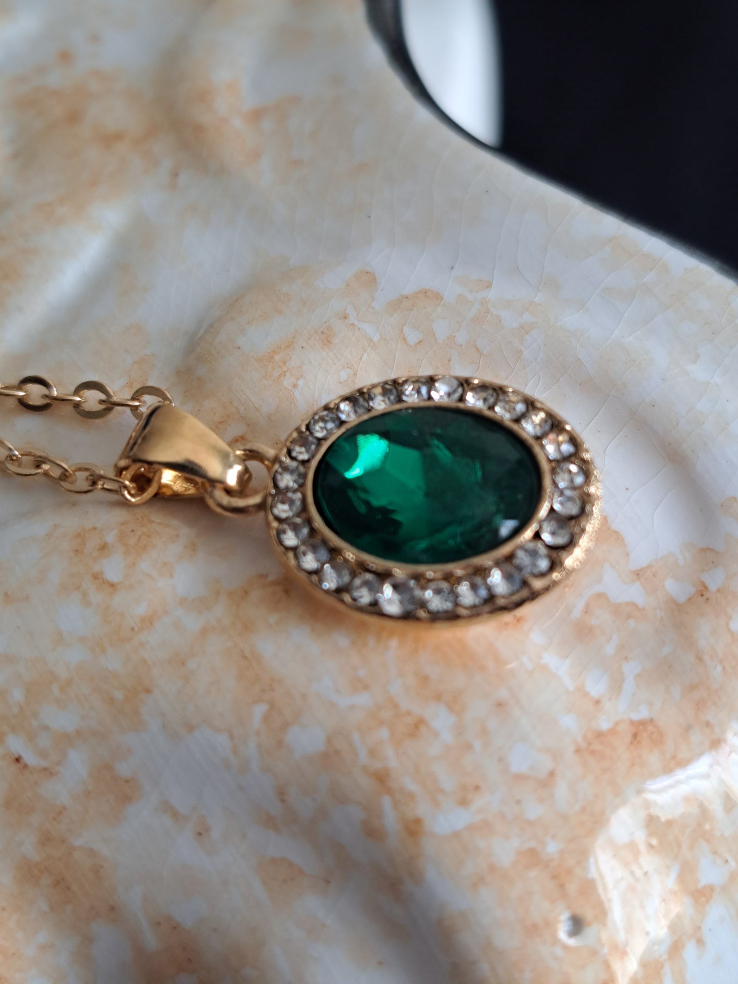 Emerald on Gold Costume Necklace