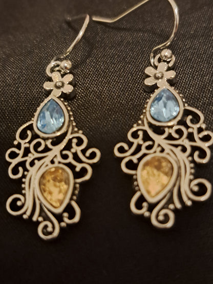 Blue and Yellow Filigree Dangle Earrings