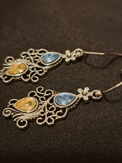 Blue and Yellow Filigree Dangle Earrings