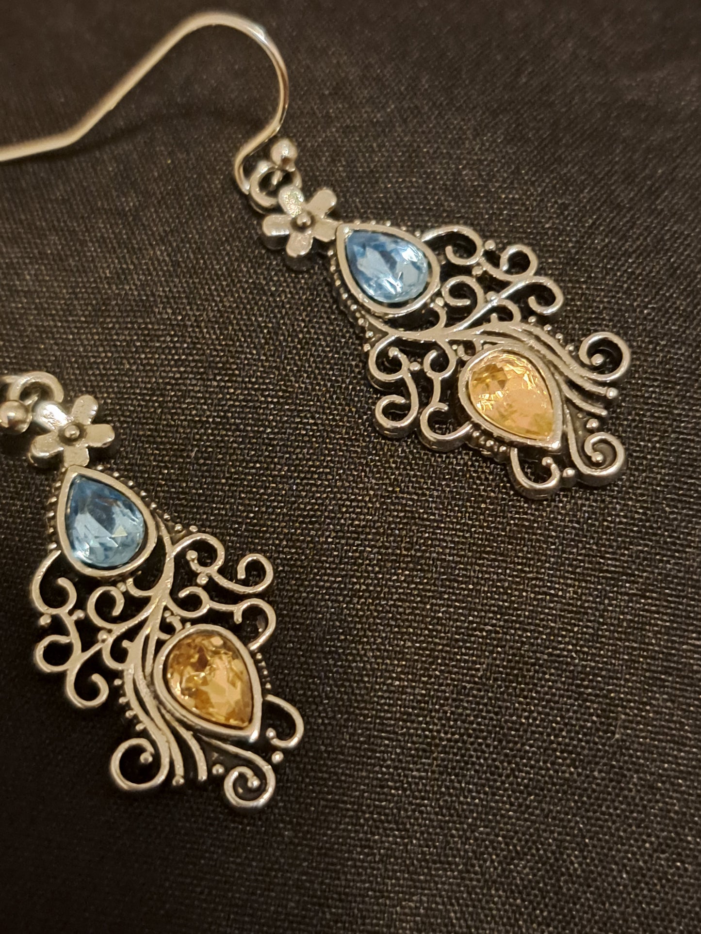 Blue and Yellow Filigree Dangle Earrings