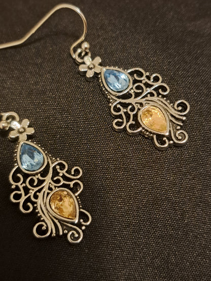 Blue and Yellow Filigree Dangle Earrings