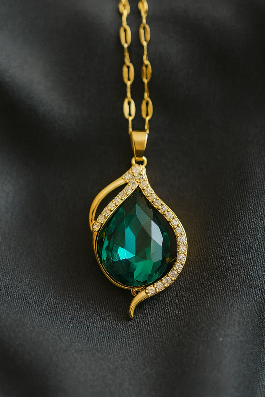 Green Light Teardrop Pendant — Gold-Tone Curve Setting
