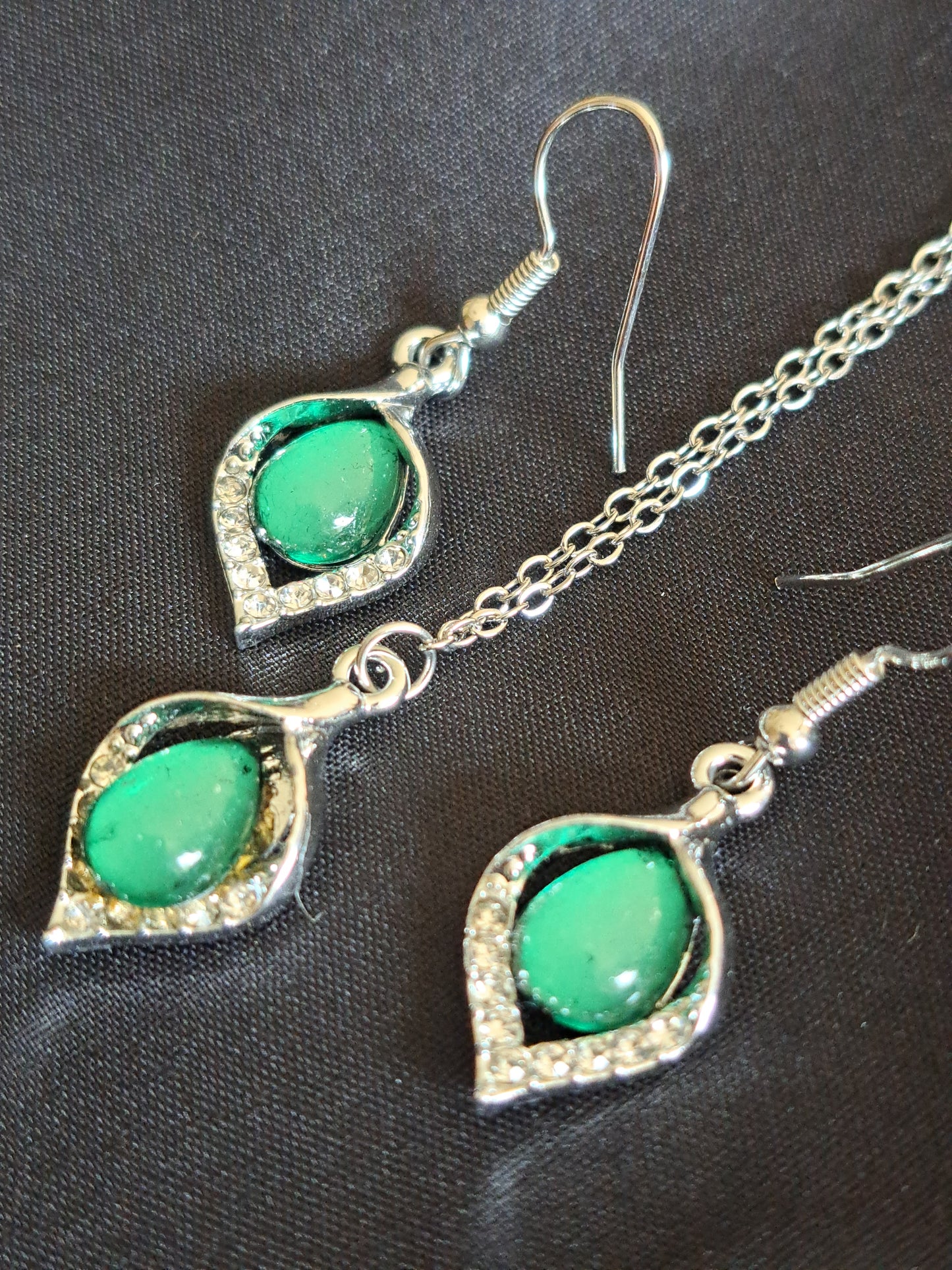 Dainty Emerald Green and Silver Earring and Necklace Set