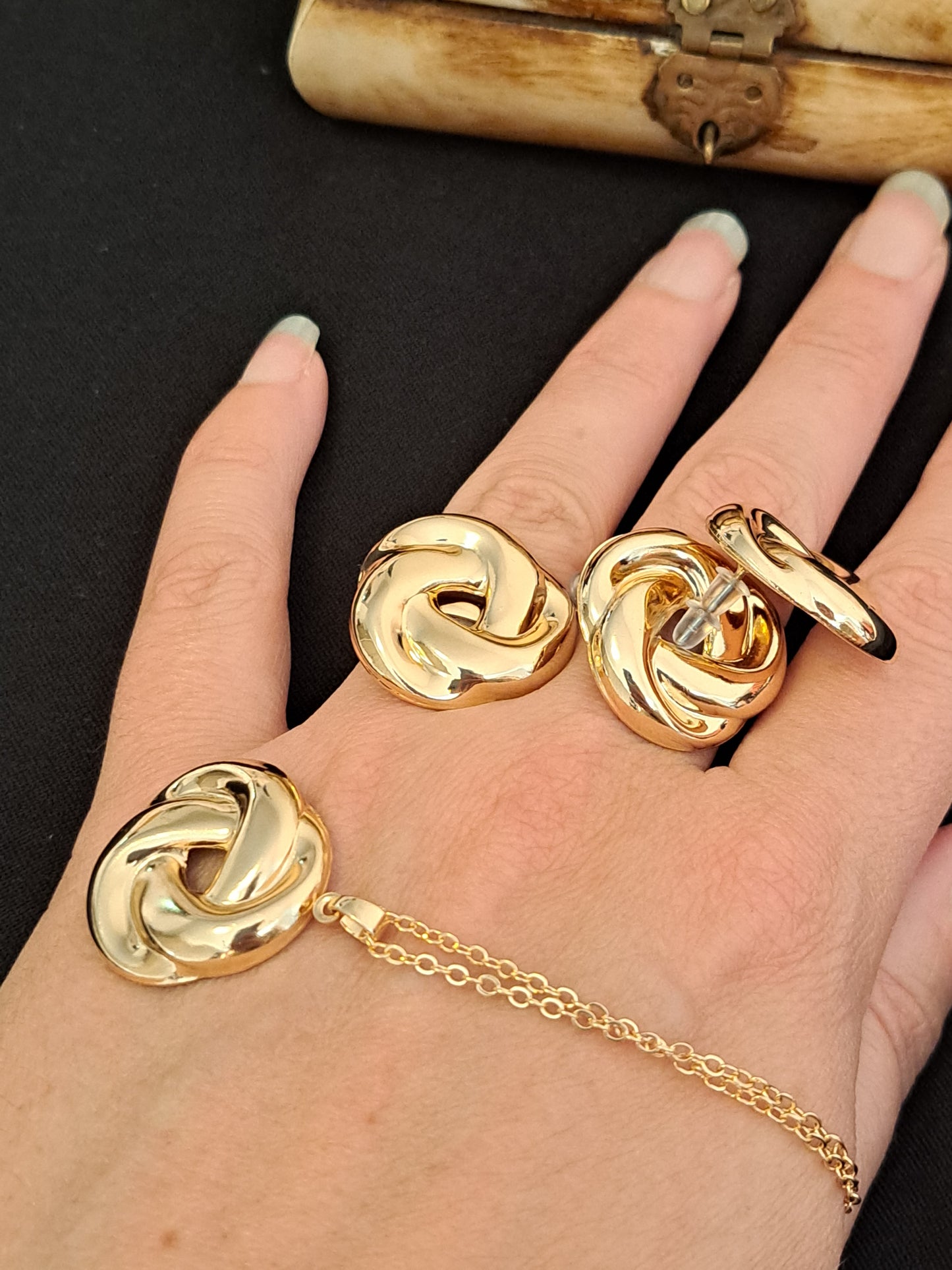 Golden Knot Necklace, Earring and Ring Set