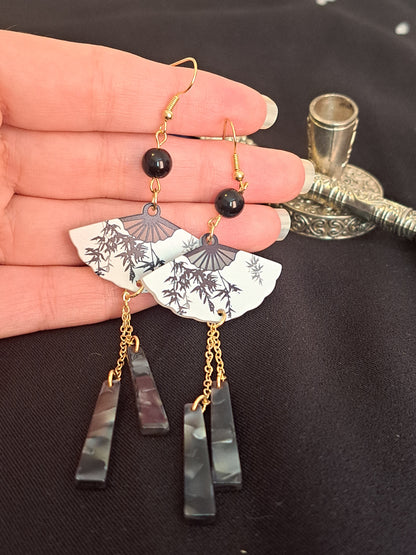 Black and white fan dangle earrings