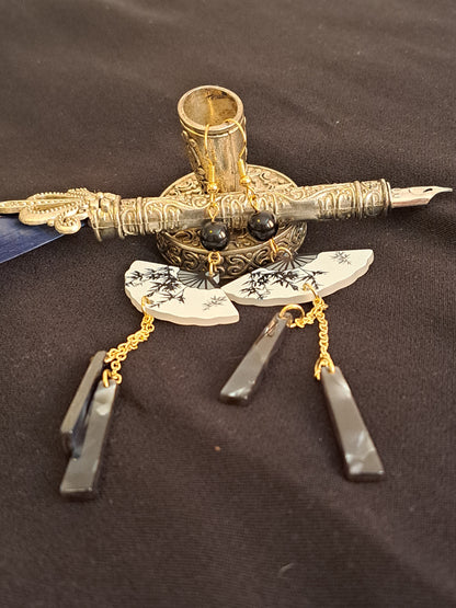 Black and white fan dangle earrings