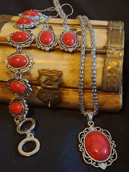 Red Vintage Bracelet, Earring and Necklace Set