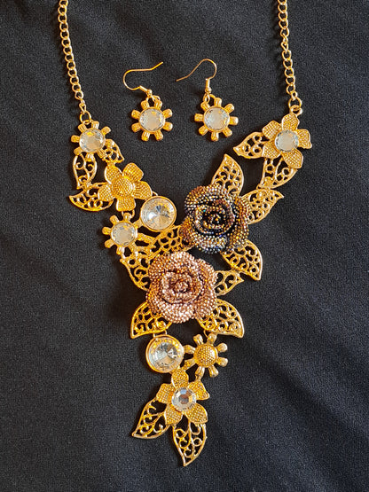 Beaded Flowers and Filigree Leaves Necklace and Earrings Set