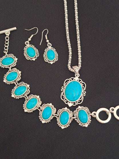 Turquoise and Silver Necklace, Earrings and Bracelet Set