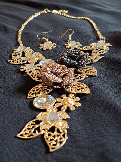 Beaded Flowers and Filigree Leaves Necklace and Earrings Set