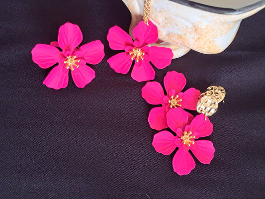 Hot Pink Flowers Necklace, Earring and Ring Set