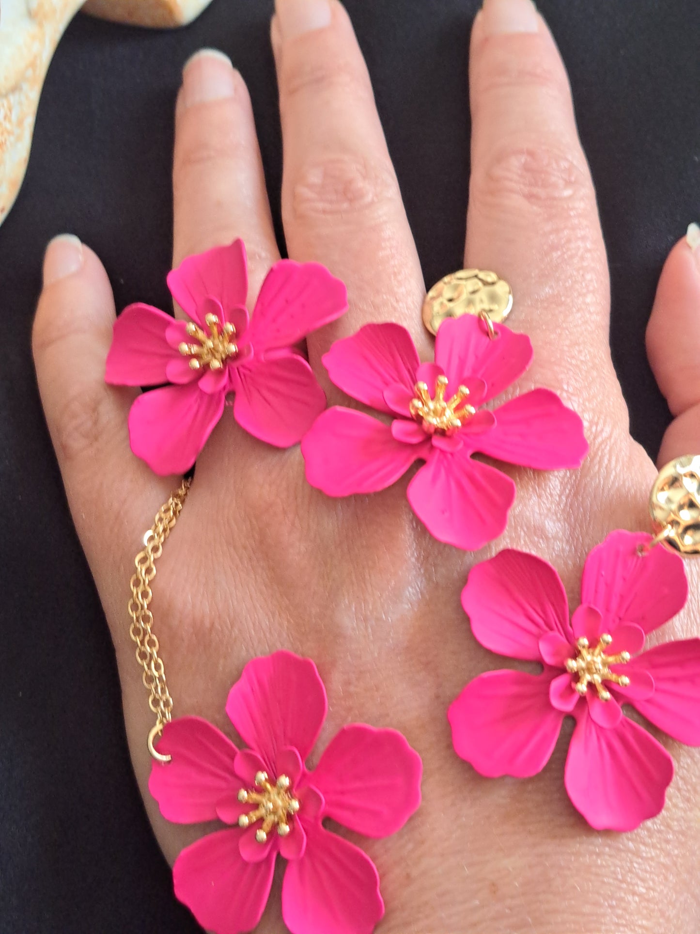 Hot Pink Flowers Necklace, Earring and Ring Set
