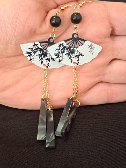 Black and white fan dangle earrings