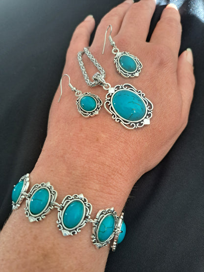 Turquoise and Silver Necklace, Earrings and Bracelet Set