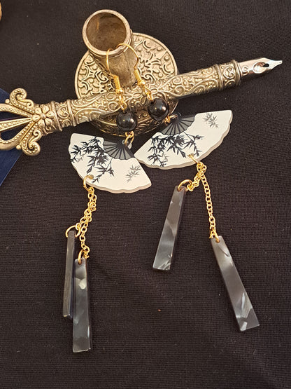 Black and white fan dangle earrings