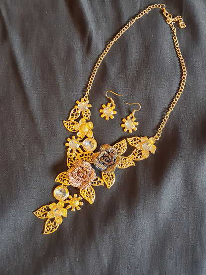 Beaded Flowers and Filigree Leaves Necklace and Earrings Set